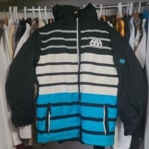 686 Mens Black, White & Bright Blue Striped Hooded Puffer Jacket